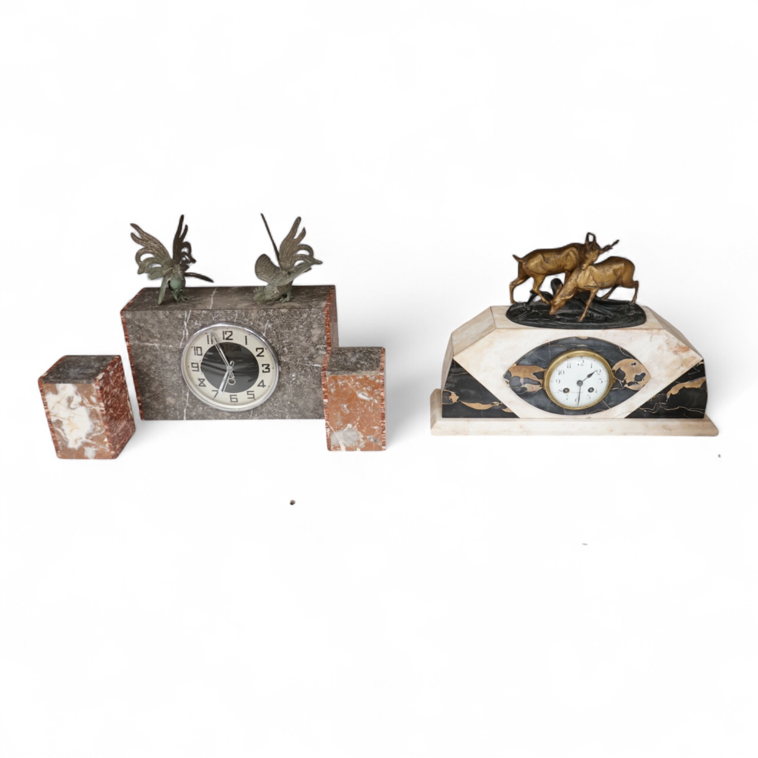 An Art Deco marble clock garniture and a French clock surmounted with two deer, with key, 44cm wide